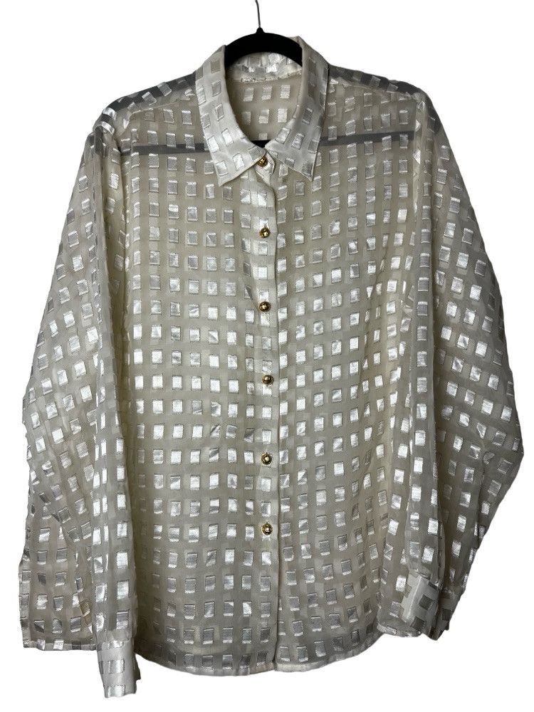 Vintage Vintage 1980's White Gold Block Patterned Sheer Button Up Size L / US 10 / IT 46 - 1 Thumbnail
