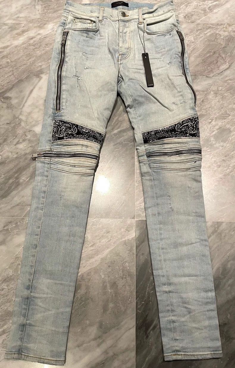 Amiri Amiri black and white cashew flower mx2 blue denim pants Size US 33 - 1 Thumbnail