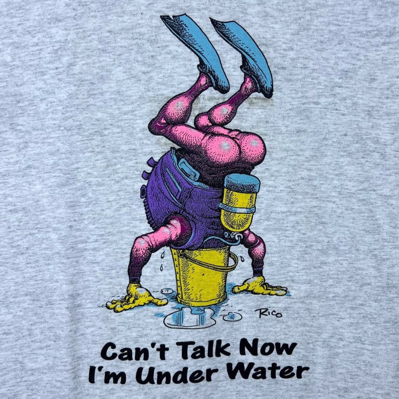 Gildan Vintage Gildan T-Shirt Can’t Talk Now I’m Underwater Cartoon Diving Souvenir Grey S Mens Short Sleeve Round Neck Cotton Shirt 00s 90s Style Mens Size US S / EU 44-46 / 1 - 3 Thumbnail