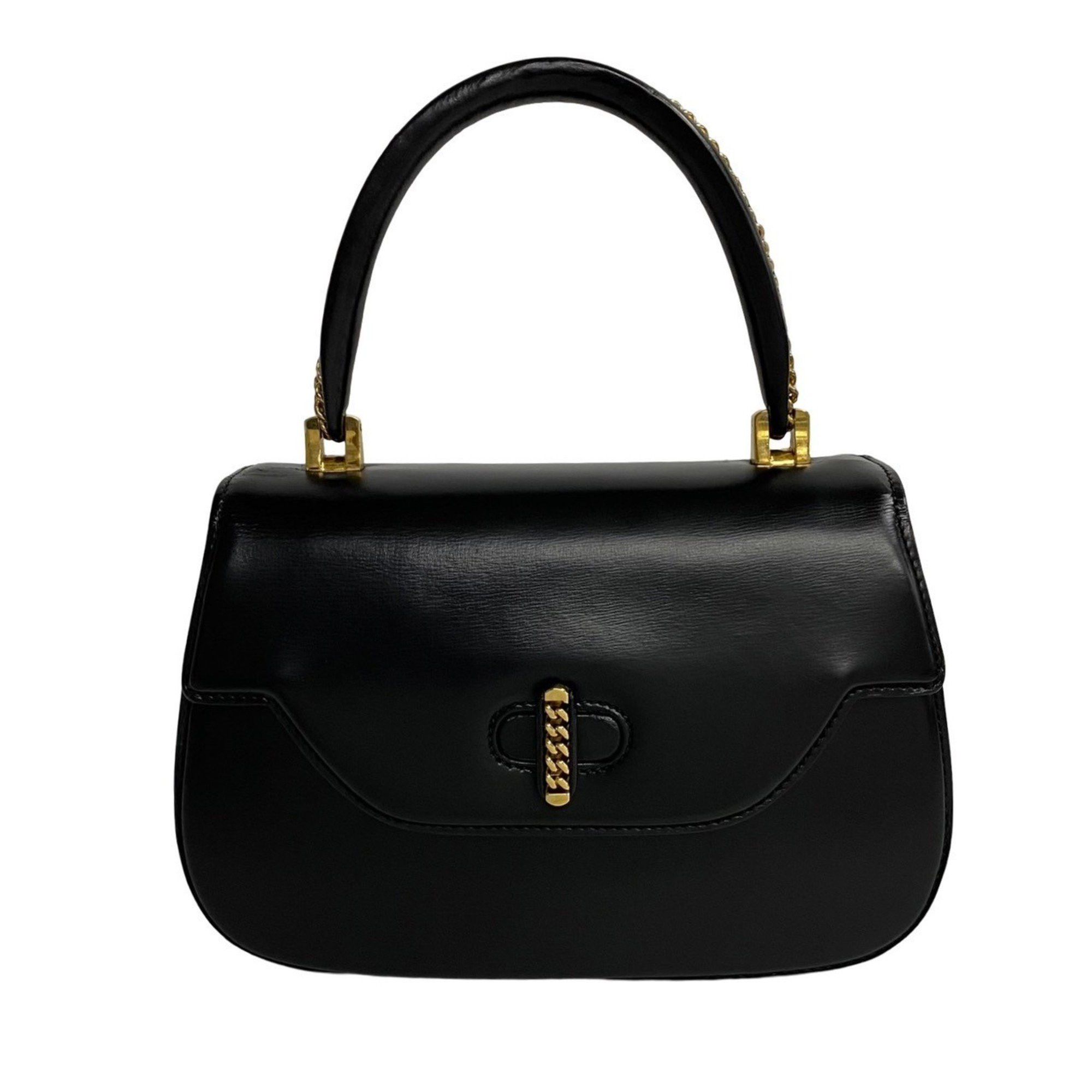 image of Gucci Old Gucci Chain Motif Handle Turnlock Calf Leather Handbag Black 22849, Women's