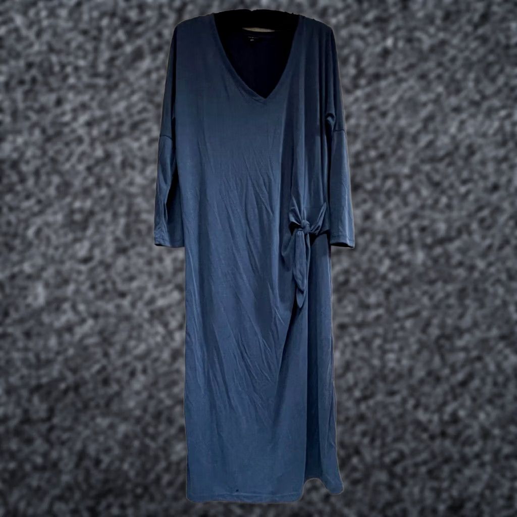 Lucky Brand Lucky Brand Women V-Neck Tie Waist Midi Dress Blue Large 3/4 Sleeve Stretch Size L / US 10 / IT 46 - 1 Thumbnail