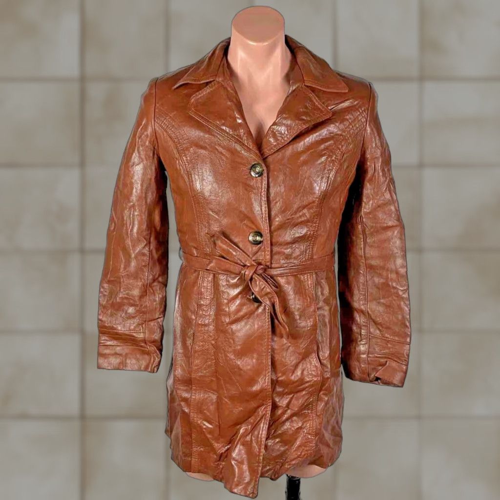 VINTAGE Berman Trench Coat Leather 1980s Women S/M Brown Long MIDI Lined Belt Coat Mens Womens?