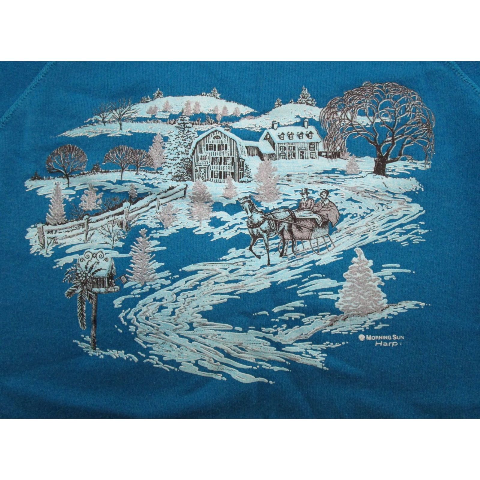 Vintage VTG 80s Morning Sun Farm Winter Raglan Sleeve Sweatshirt SZ L Grandma Women Pullover Blue Size L / US 10 / IT 46 - 2 Thumbnail