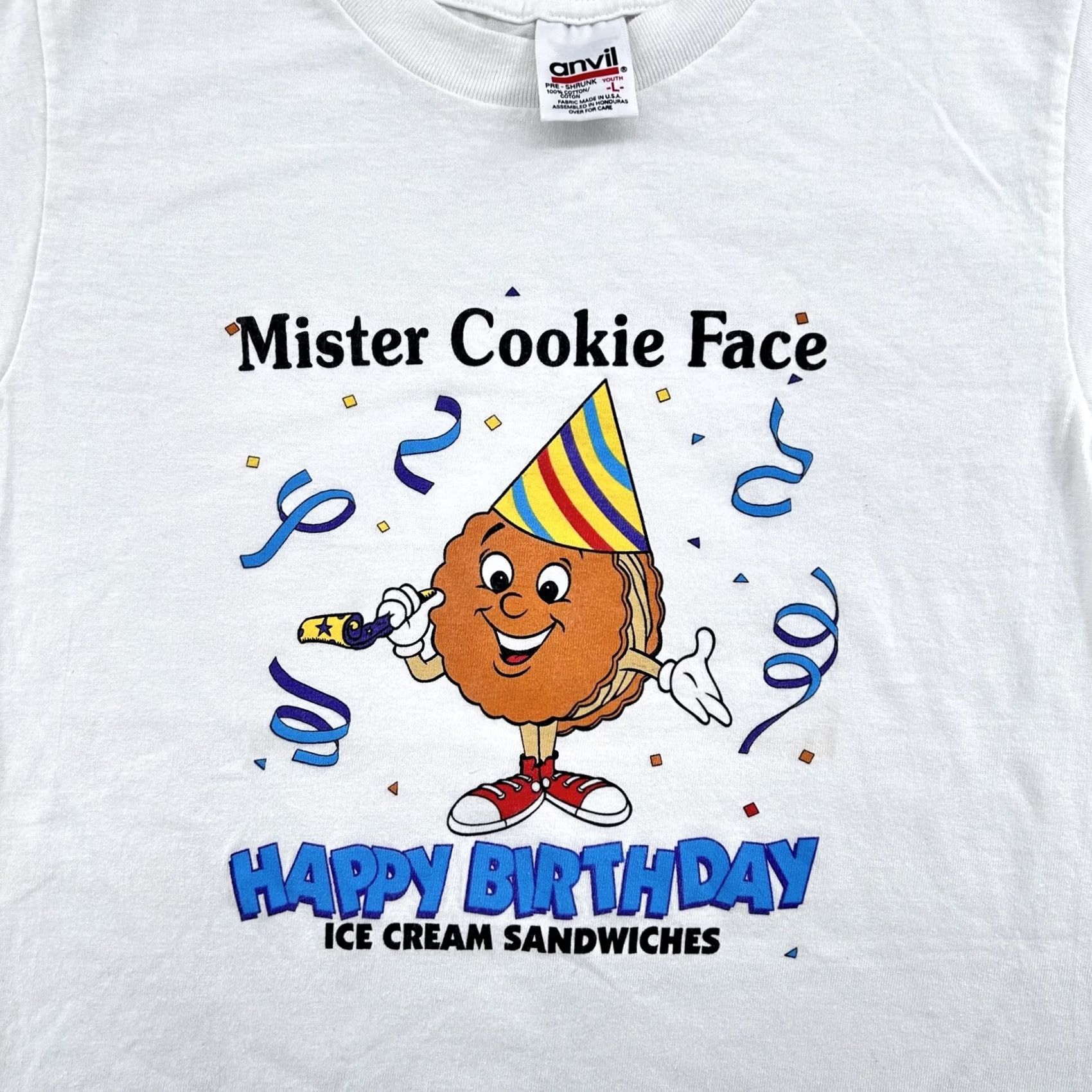 Anvil MISTER COOKIE FACE HAPPY BIRTHDAY ICE CREAM SANDWICHES T-Shirt XS Vintage 90s Nike Mens White Cotton Anvil Shirt Short Sleeve 1990s 80s 90s Size US XS / EU 42 / 0 - 2 Thumbnail