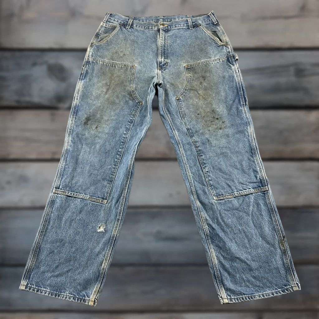 Carhartt Jeans Mens 40x34 Blue Carpenter Double Knee Loose Distressed DST B73 DST