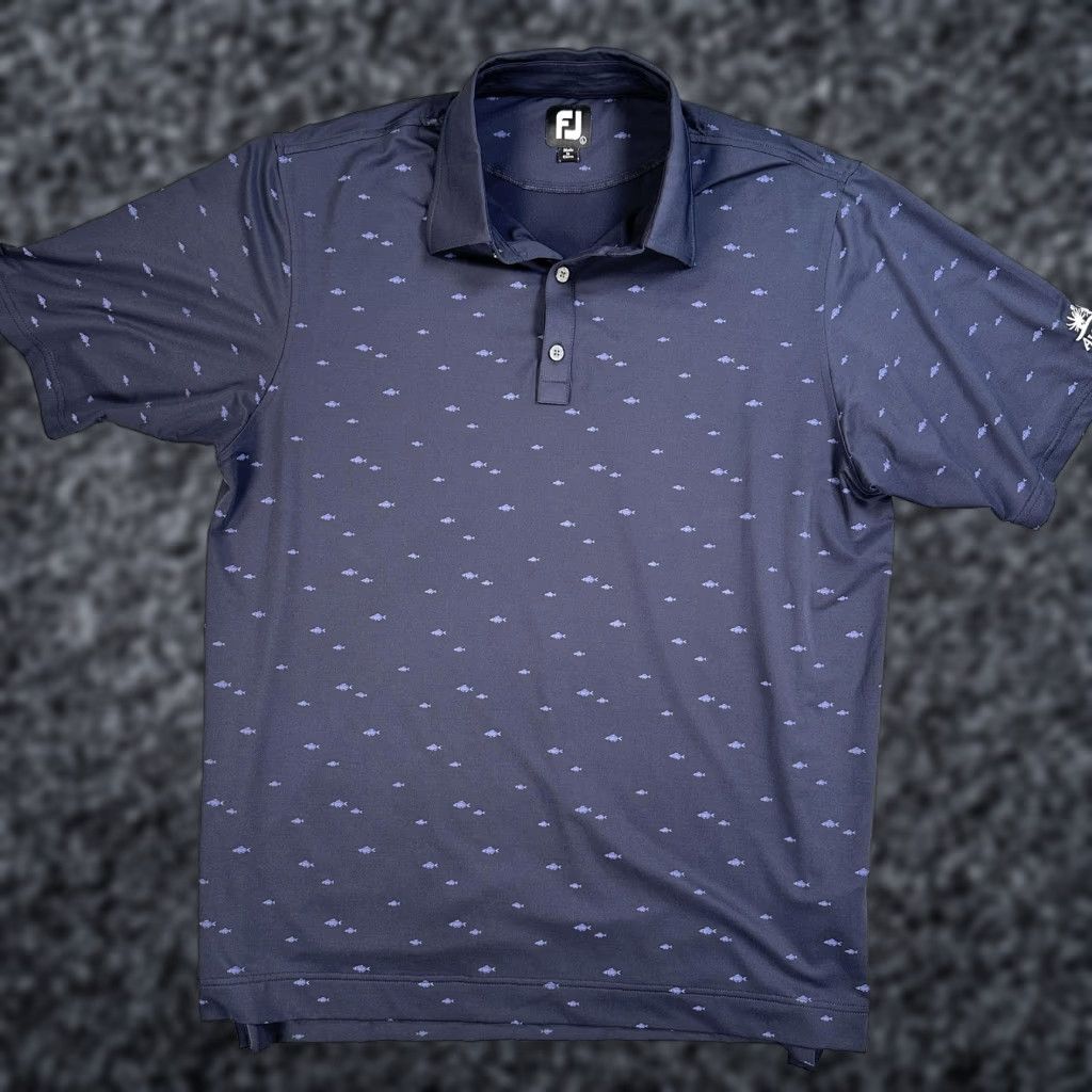 FootJoy Polo Shirt Mens L Blue Fish Print Alsatian Golf Club Short Sleeve Polo Shirt Mens Blue Fish Print