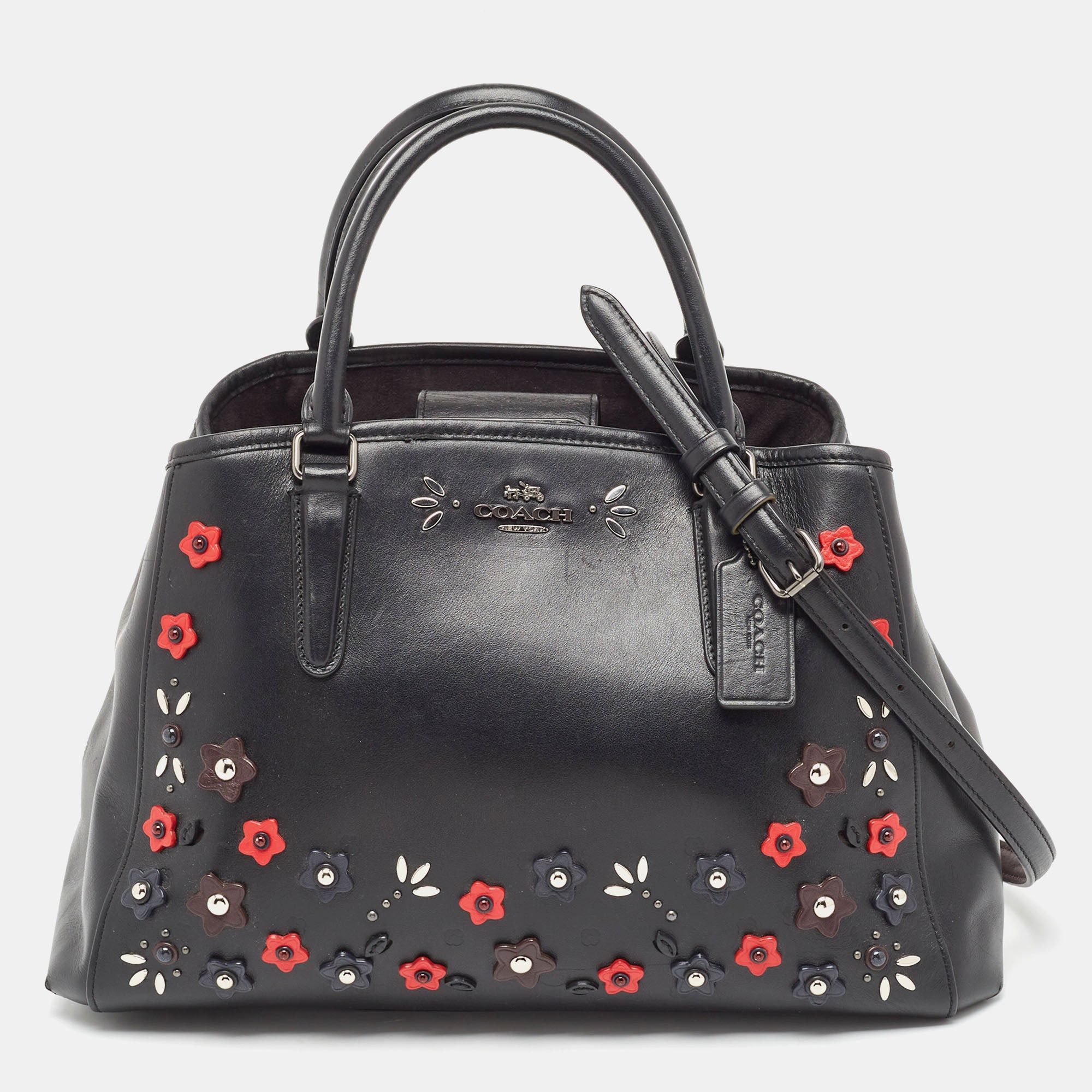 image of Coach Black Leather Embellished Margot Carryall Satchel, Women's