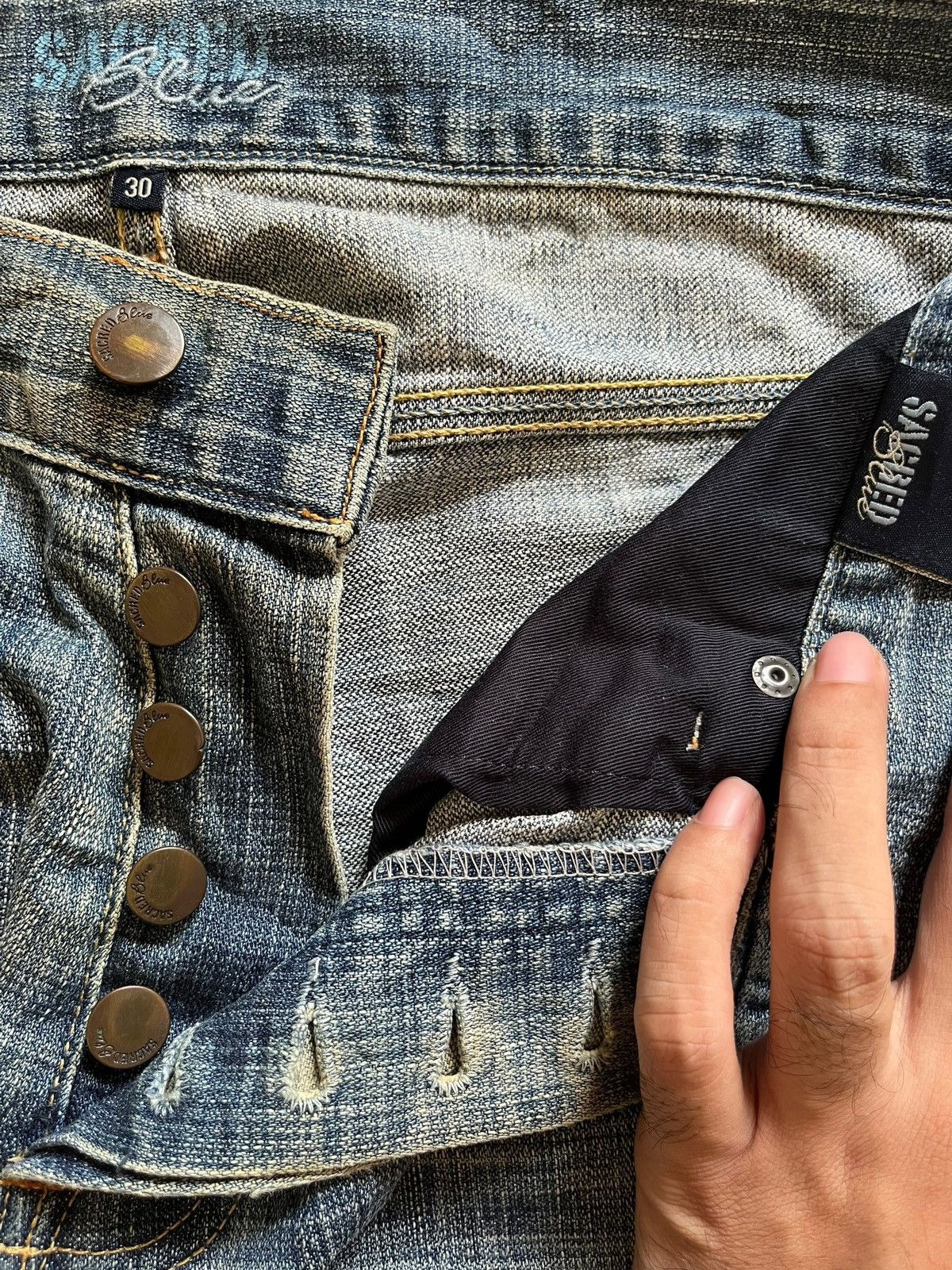 Japanese Brand Vintage USA Sacred Blue Bootcut Faded Wash Distressed Jeans Size US 29 - 9 Thumbnail