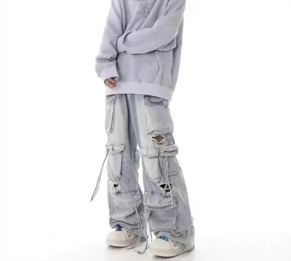 Jean Extreme Distressed Multi-Pocket Wide Leg Cargo Jeans Size US 28 / EU 44 - 4 Thumbnail