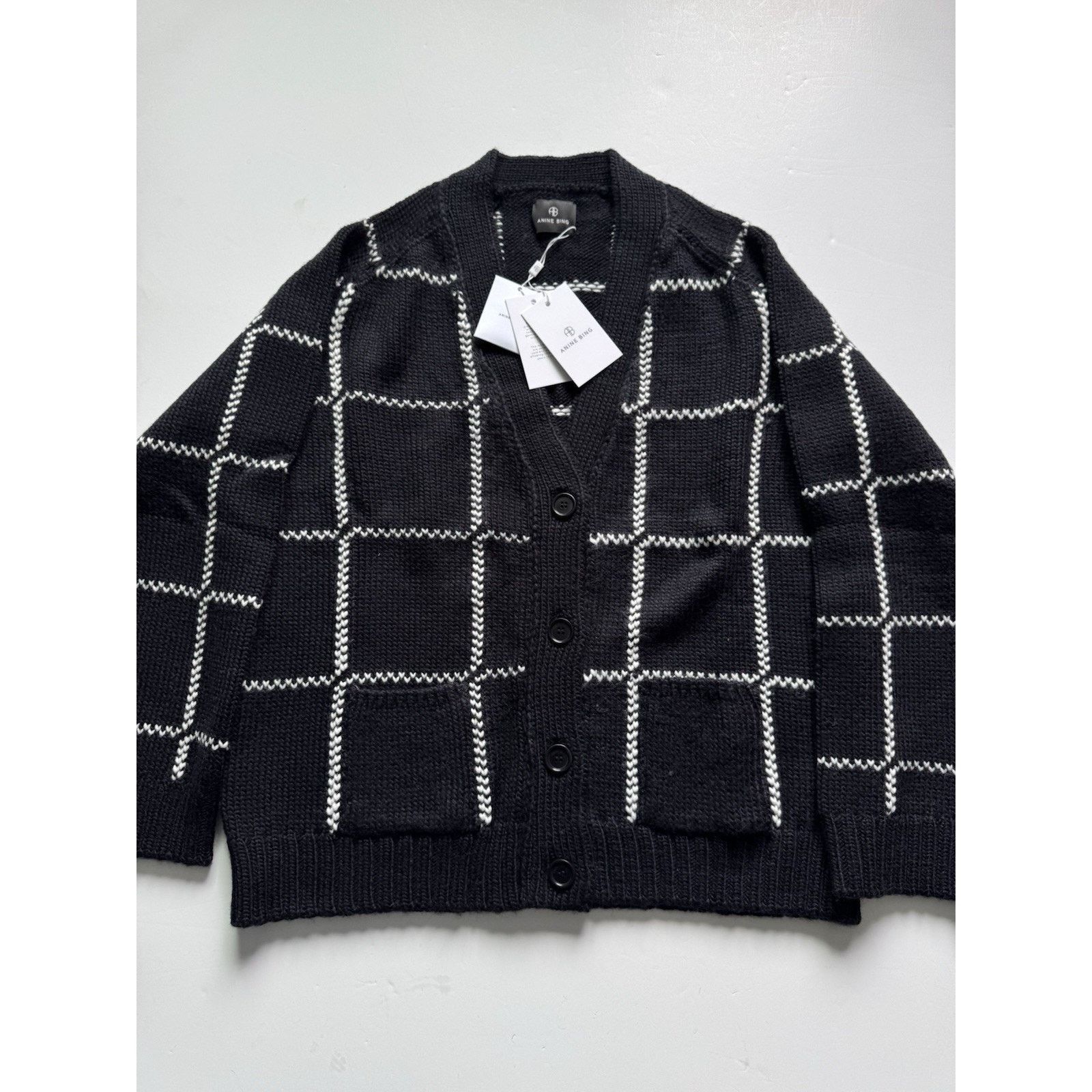 Anine Bing Kurt Black White Plaid Cardigan Merino Wool Blend