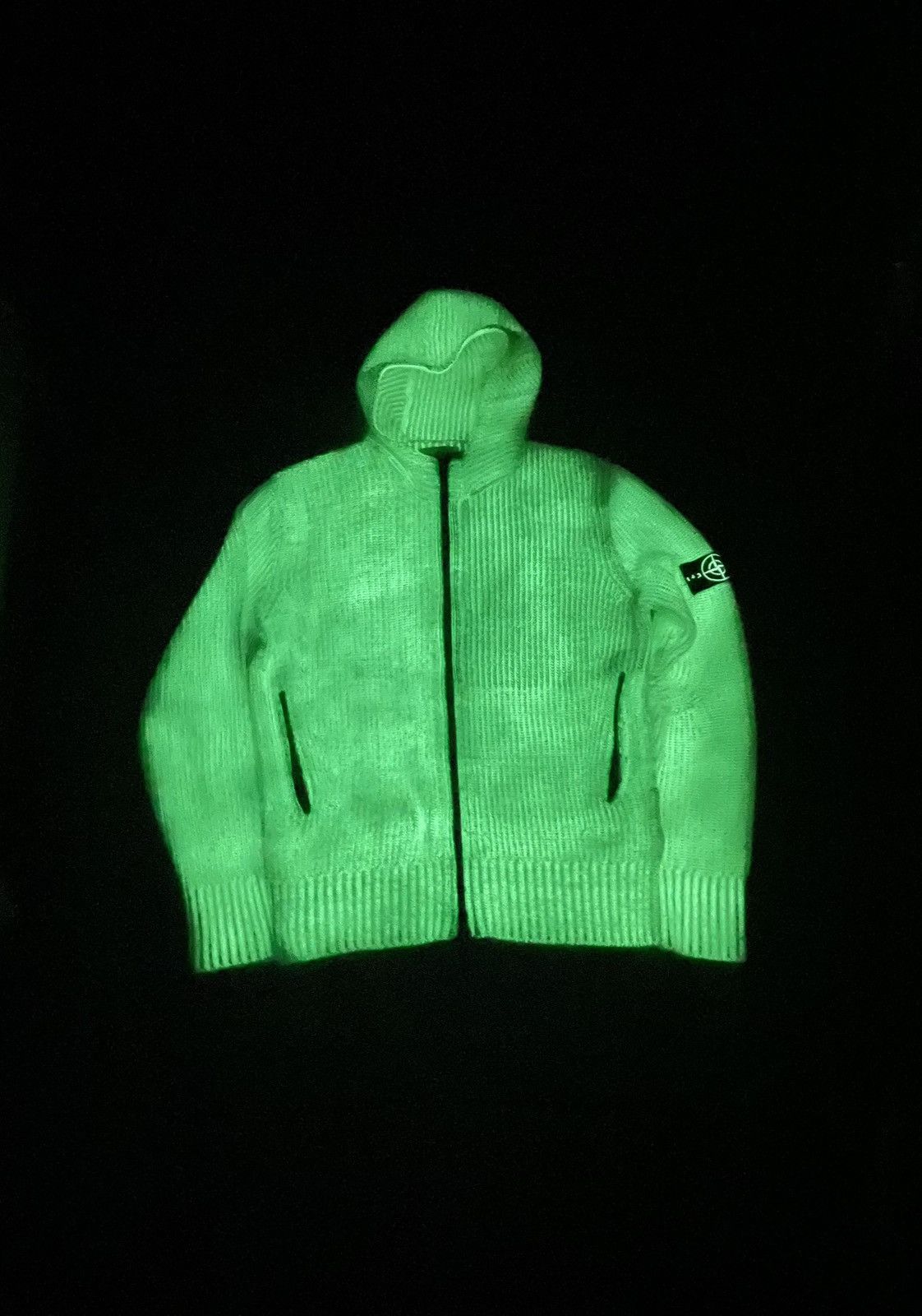 image of White Stone Island Night Glow Hooded Cardigan Knit in Green White, Men's (Size 2XL)