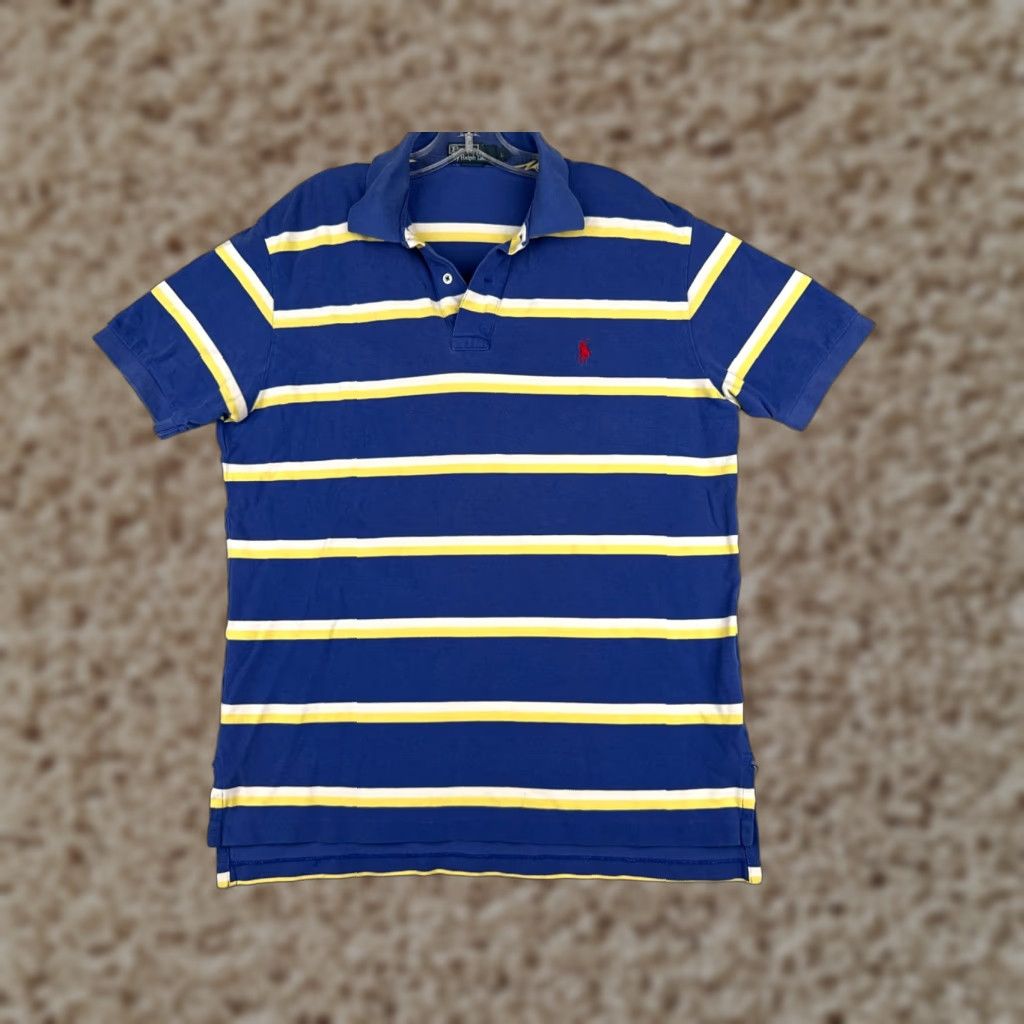 Ralph Lauren VINTAGE Ralph Lauren Polo Shirt Adult Large Blue Yellow White Stripe 100% Cotton Size US L / EU 52-54 / 3 - 1 Thumbnail