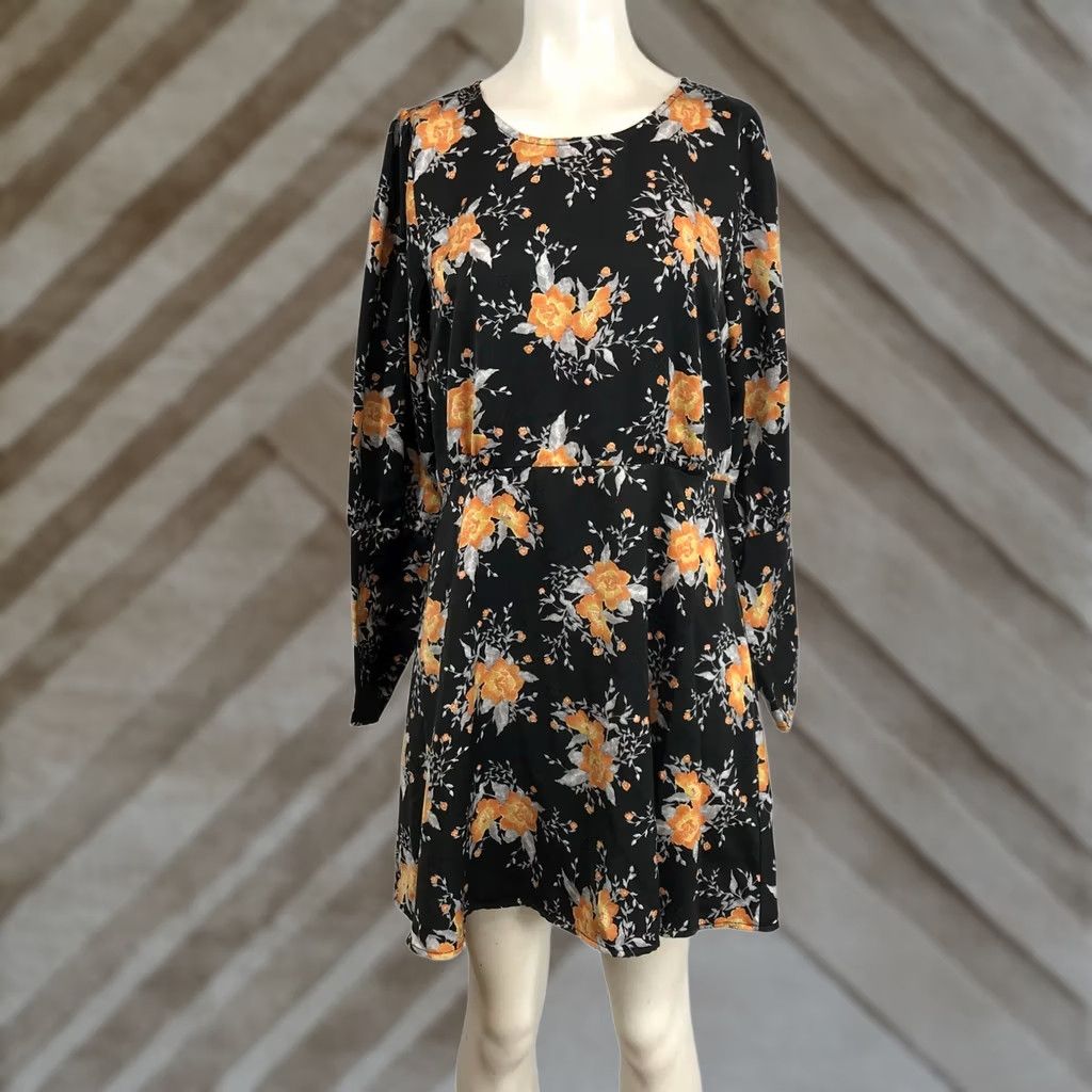 Free People Free People Dress Floral Long Sleeve Knee Length Black Orange A-Line 10 Womens Size L / US 10 / IT 46 - 1 Thumbnail