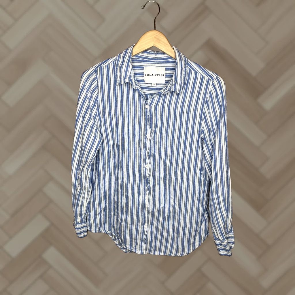 Vintage LOLA RIVER Shirt Womens M Blue White Striped Button Up Long Sleeve Cotton Size M / US 6-8 / IT 42-44 - 1 Thumbnail