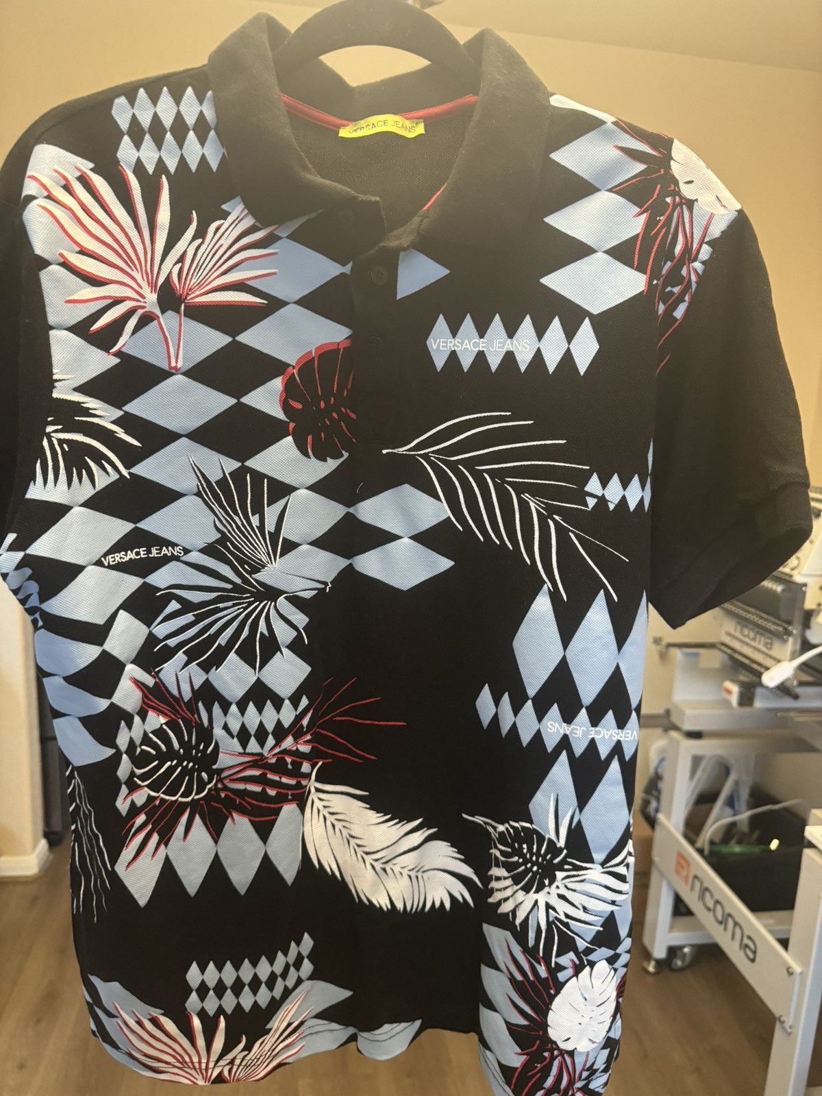 Versace Versace Jeans Black Polo with Red and Blue Pattern Size US L / EU 52-54 / 3 - 1 Thumbnail