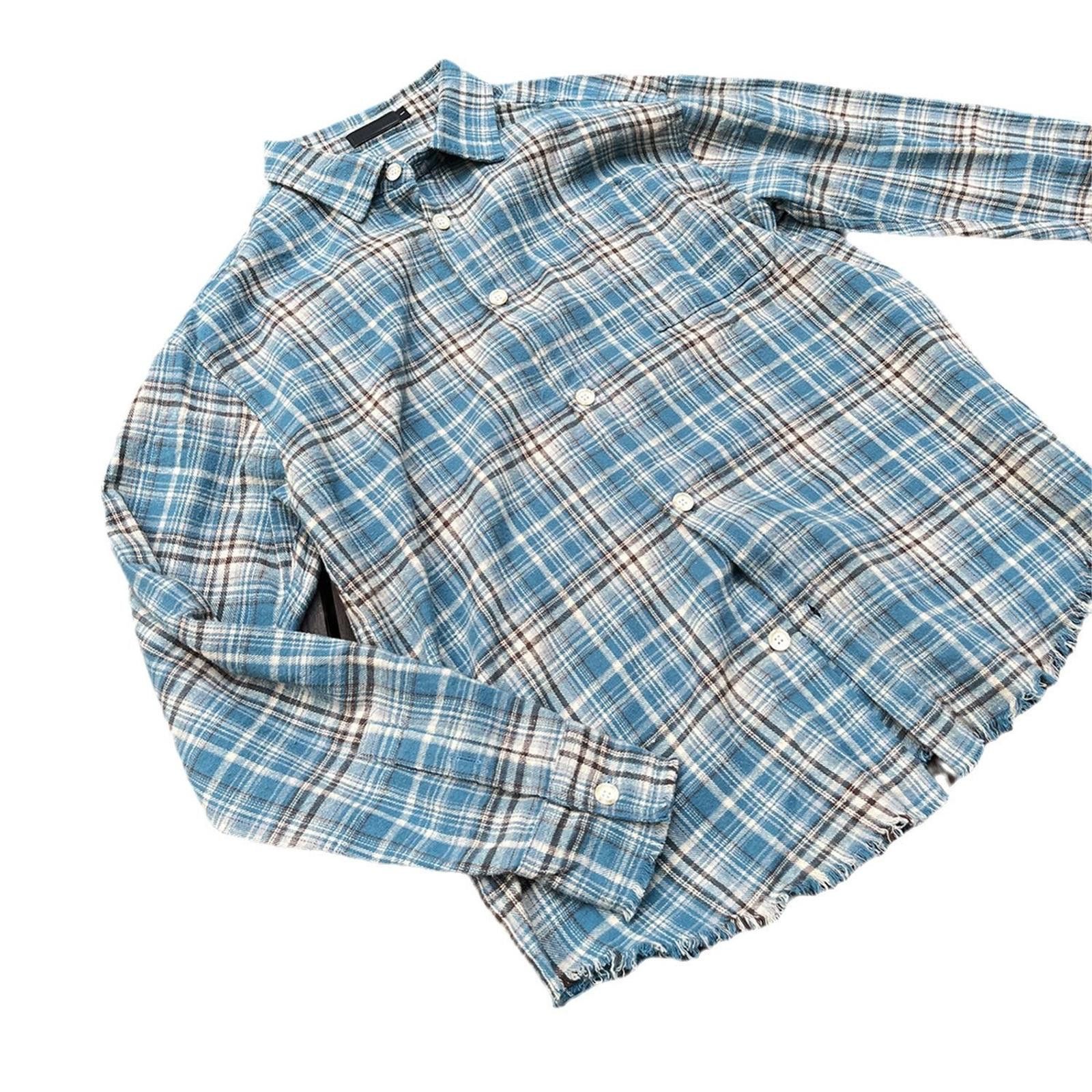 Other Blue Plaid Frayed Edge Long Sleeve Button-Up Shirt Size US L / EU 52-54 / 3 - 6 Thumbnail