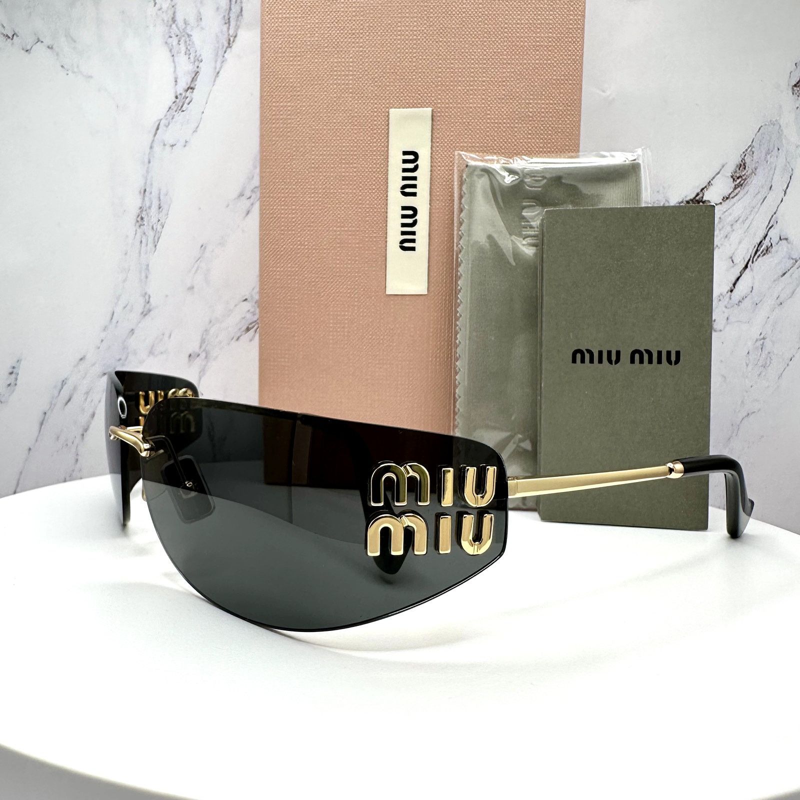 Miu Miu New MIU MIU Sunglasses Gold Dark Gray Lens Runway Wrap Size ONE SIZE - 1 Thumbnail