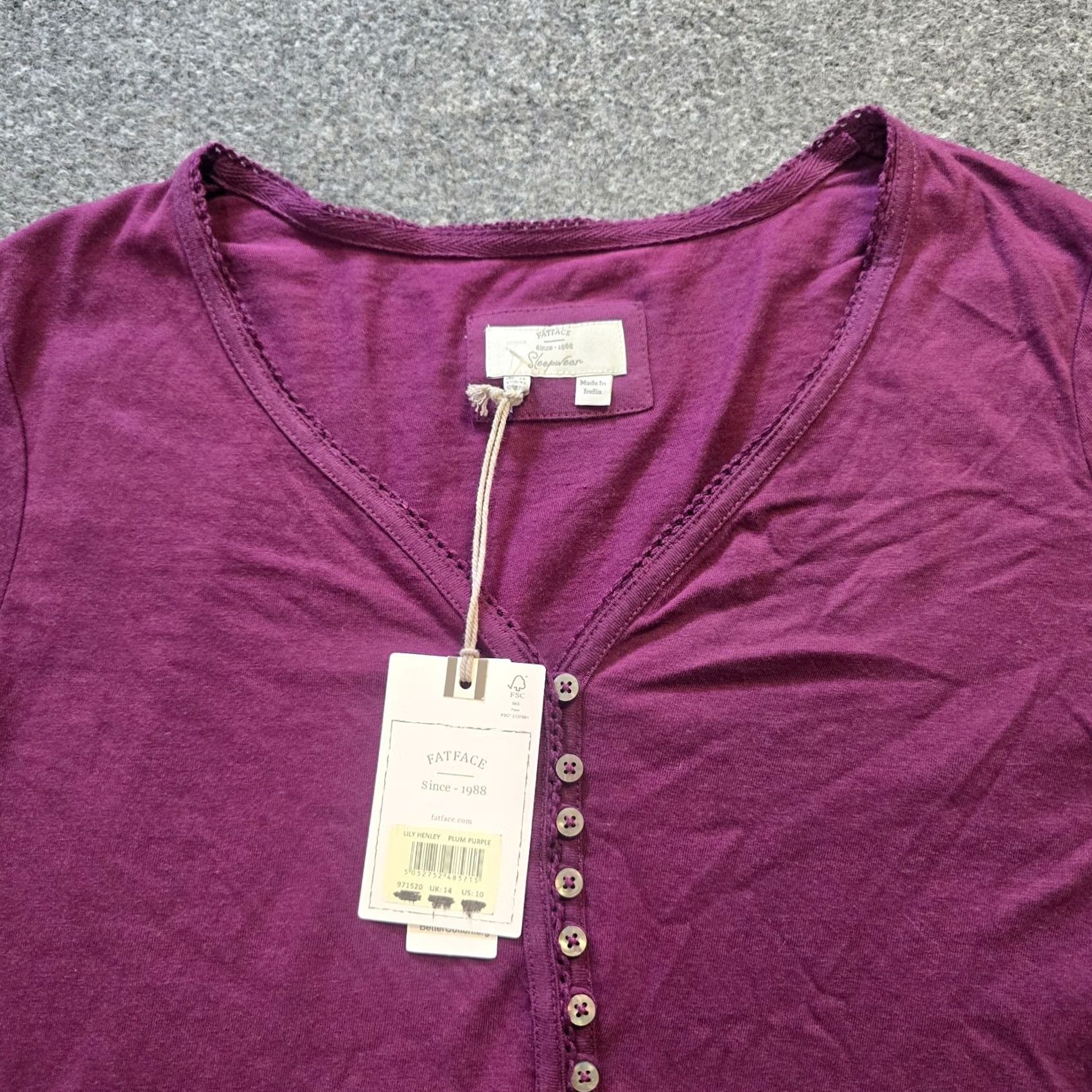 FatFace Fat Face Top Womens Size 10 Purple Henley Pajama Long Sleeve Lounge Casual Cozy Size L / US 10 / IT 46 - 2 Thumbnail