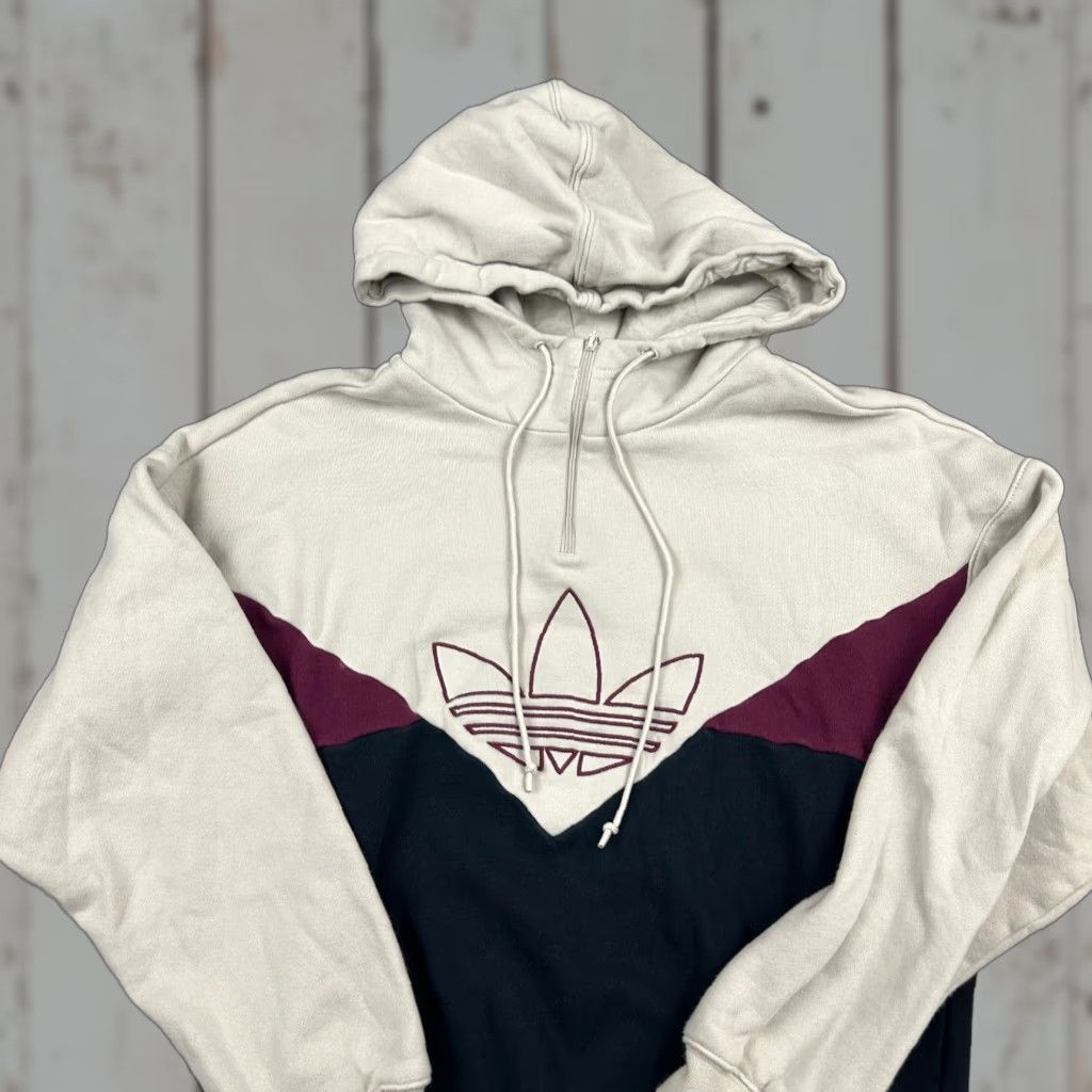 Adidas Adidas Hoodie Women XS Beige Colorado Blue 1/4 Pullover Sweatshirt Trefoil Logo Embroidered Hooded Pockets Activewear Pullover Regular Fit Size XS / US 0-2 / IT 36-38 - 1 Thumbnail