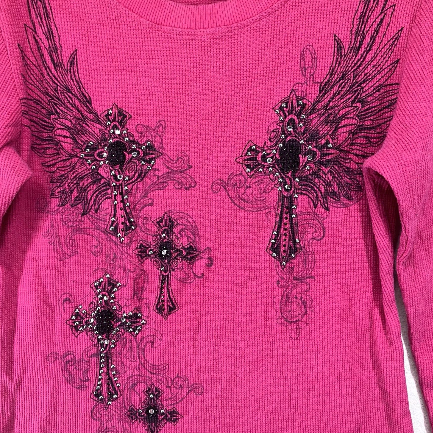 Vintage VINTAGE Old School Cross Wings Rhinestone Thermal Shirt Womens L Magenta Pink 90s Y2K Geometric Long Sleeve Crew Neck Size L / US 10 / IT 46 - 5 Thumbnail