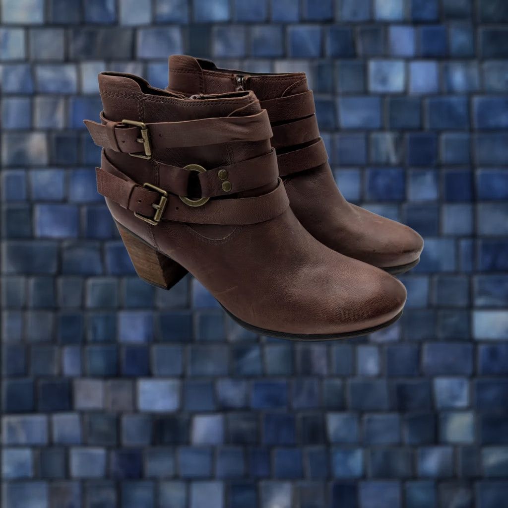 Vintage Josef Seibel Boots Womens 6.5 Brown Leather Strappy Ankle Bootie Block Heel Shoe Size US 7 / IT 37 - 1 Thumbnail