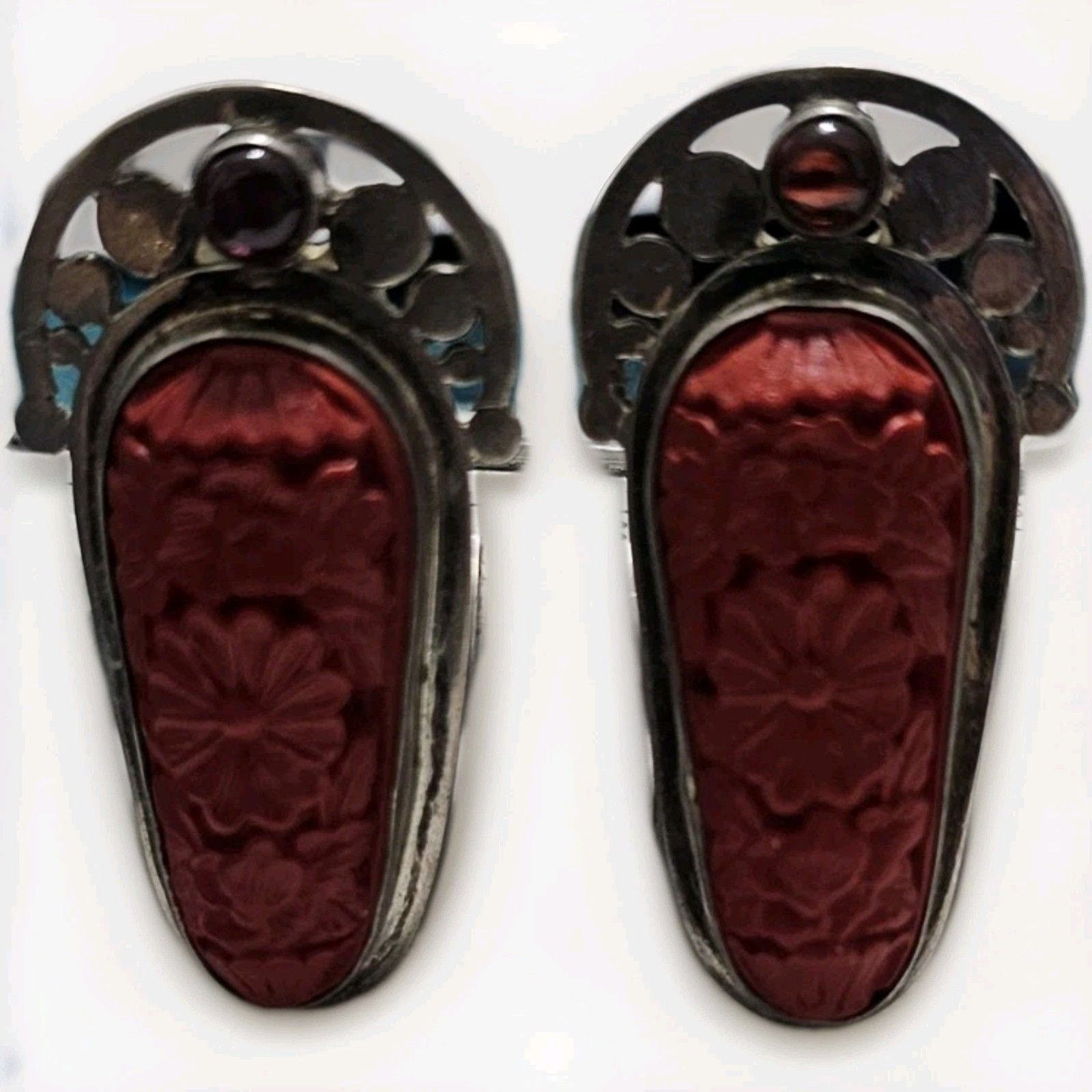 Other Vintage Sajen Silver Carved Cinnabar Garnet Clip On Earrings Size ONE SIZE - 8 Thumbnail