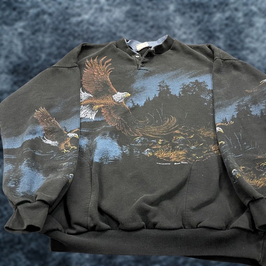 Vintage VINTAGE Art Unlimited Sweatshirt Mens XL Eagle AOP Nature Wrap Around Fleece 90s Size US XL / EU 56 / 4 - 1 Thumbnail