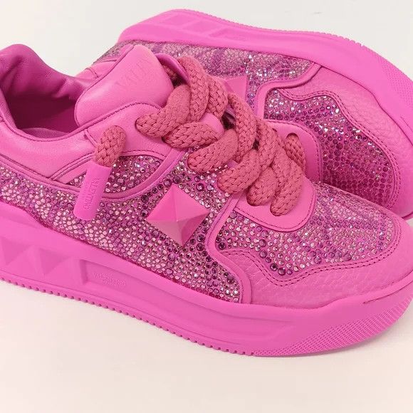 Valentino Valentino One Stud Fuchsia Sneakers w/ Iconographe Crystals Size US 7 / IT 37 - 6 Thumbnail