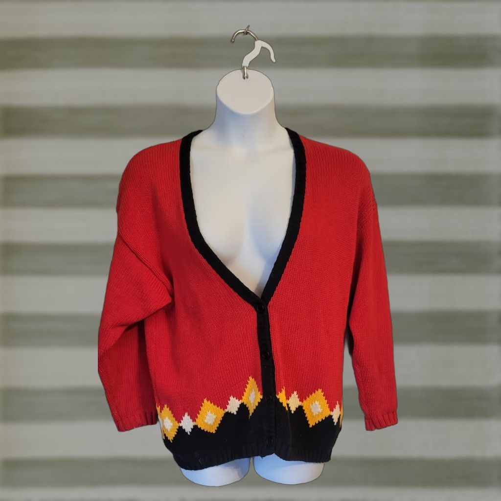 Izod VINTAGE Izod Lacoste Cardigan Sweater Diamond Argyle 80s Red Cotton L Mens Size US L / EU 52-54 / 3 - 1 Thumbnail