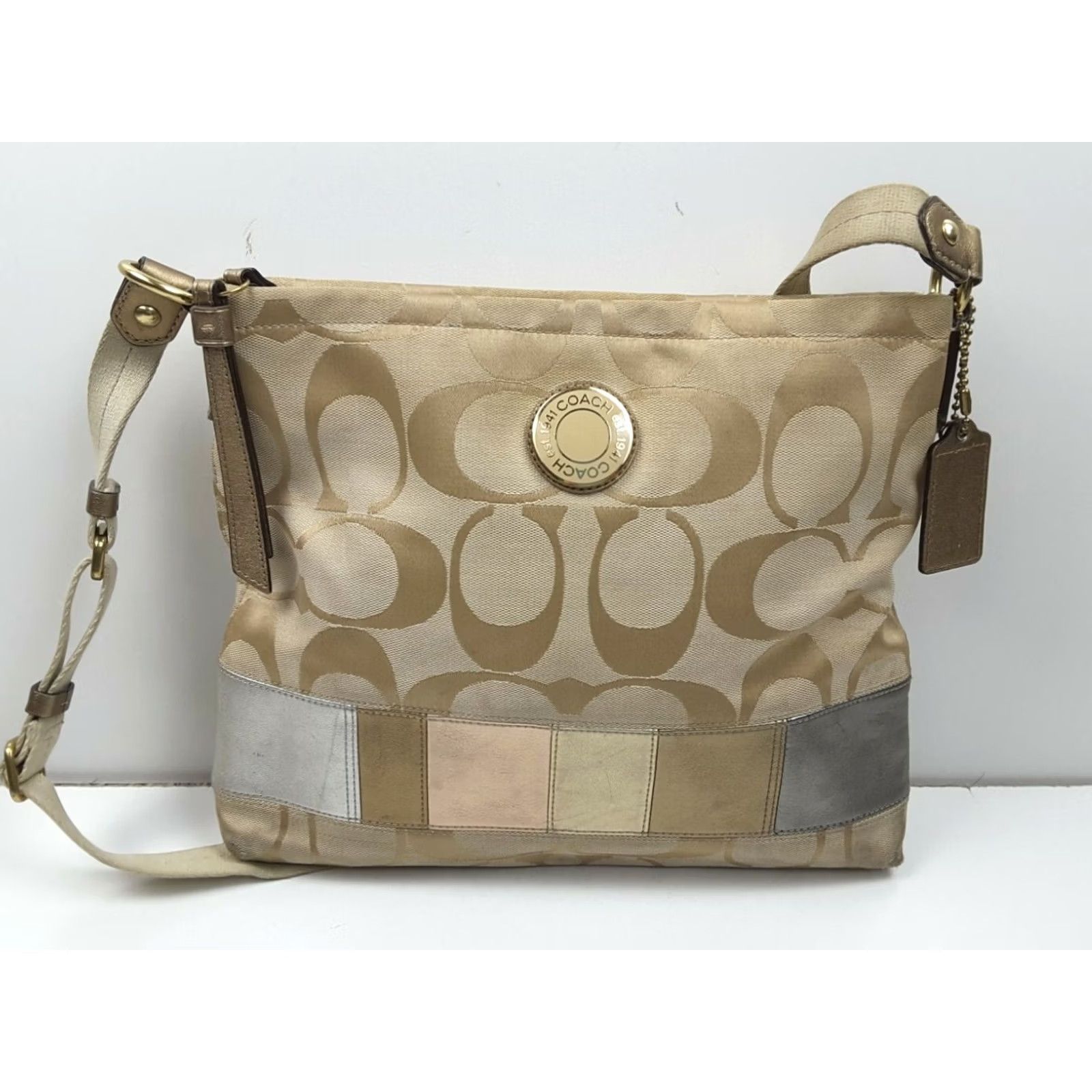 Coach Coach Signature Khaki Metallic Patchwork Stripe Shoulder Crossbody Purse, Medium, Beige, Women, F19209 Size ONE SIZE - 2 Thumbnail