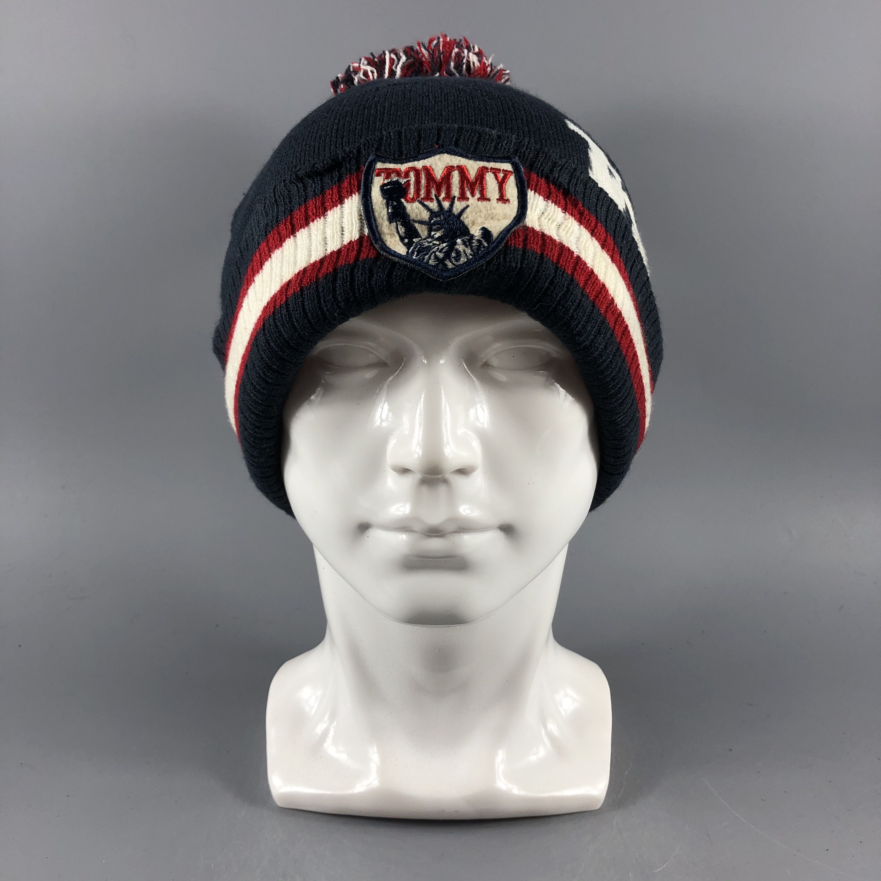 image of Vintage Tommy Beanie Stripe Hats Bobble Snow Hat Snow Cap B1230, Men's