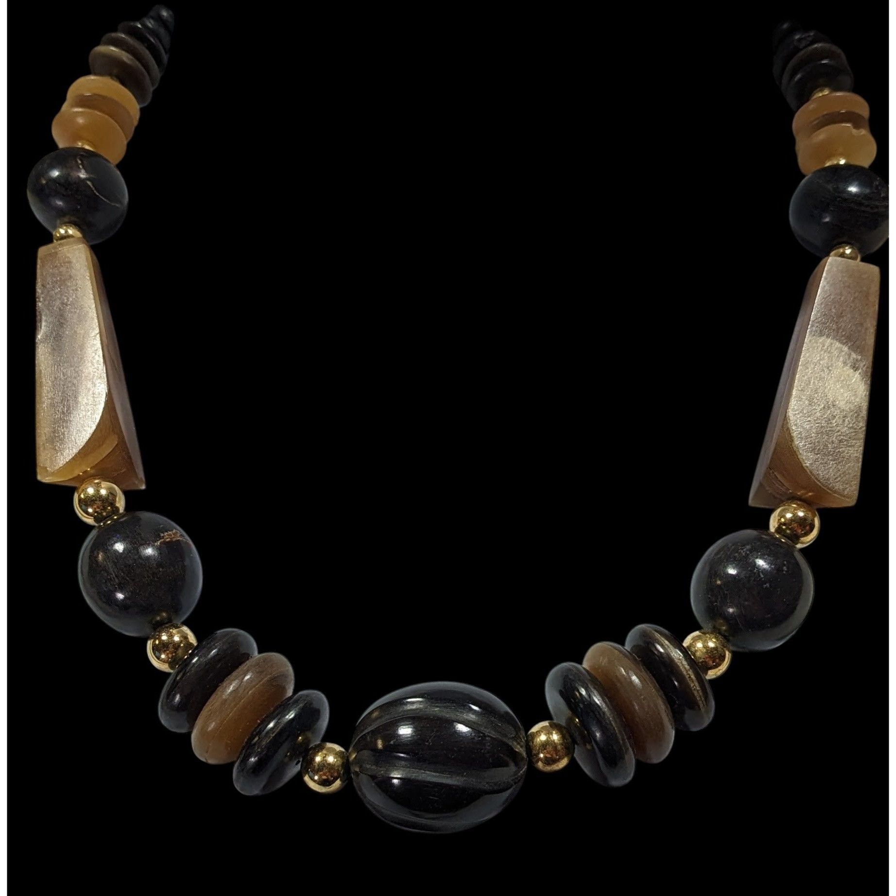Other Vintage Rustic Carved Brown Black And Gold Tone Necklace Size ONE SIZE - 4 Thumbnail
