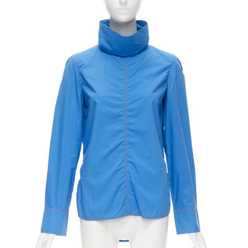 Marni MARNI blue cotton overstitch funnel neck long sleeve curved hem shirt IT38 XS Size XS / US 0-2 / IT 36-38 - 1 Thumbnail