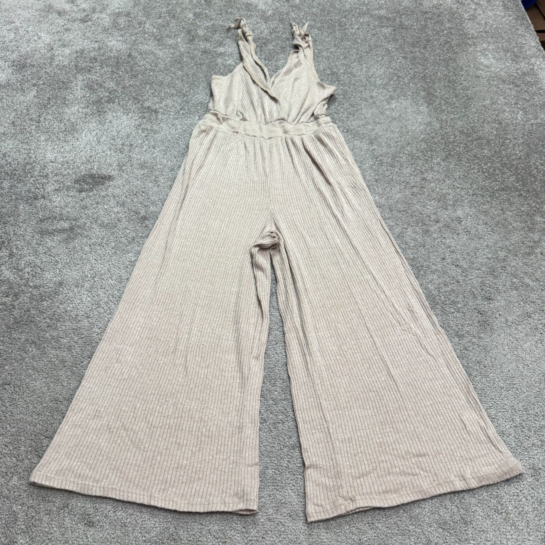 Vintage VINTAGE Kennedy Womens Jumpsuit S Wide Leg Ribbed Knit Tie Strap Sleeveless Boho Minimalist Summer Beige Size S / US 4 / IT 40 - 2 Thumbnail