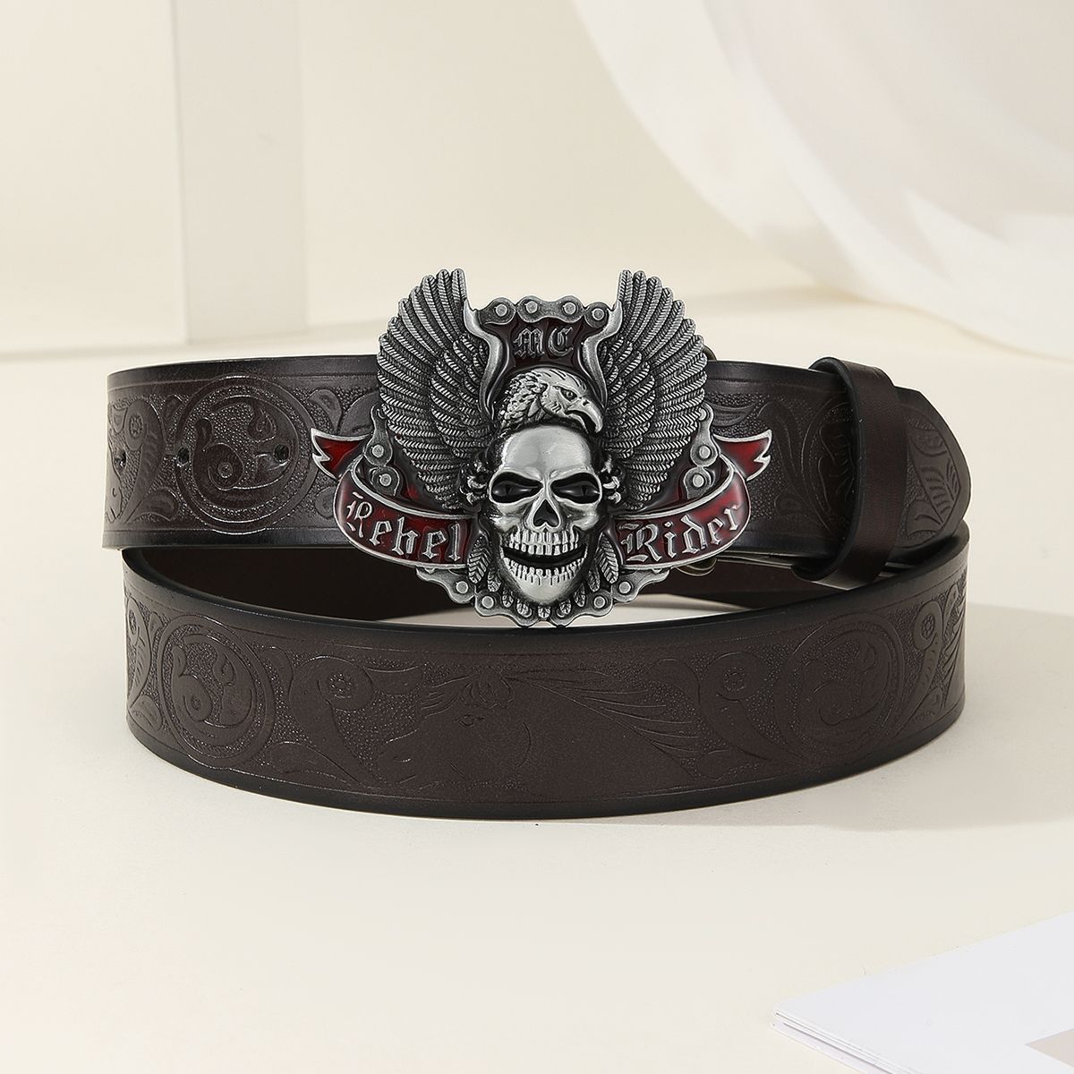 Designer Skull Design Vintage Belt Riveted Belts Menswear Accessories Size ONE SIZE - 5 Thumbnail
