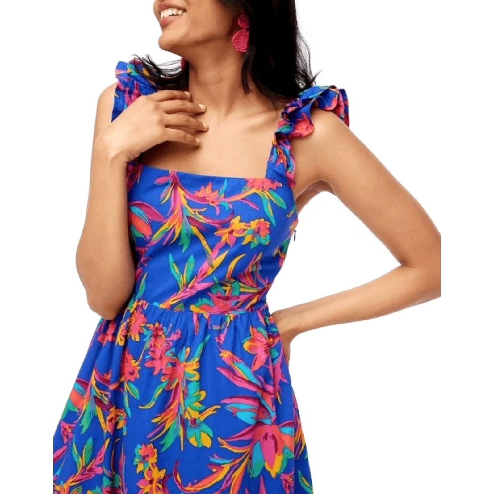 Vintage VINTAGE JCrew Floral Tropical Square Neck Midi Dress Blue Size 6 EUC Size M / US 6-8 / IT 42-44 - 2 Thumbnail