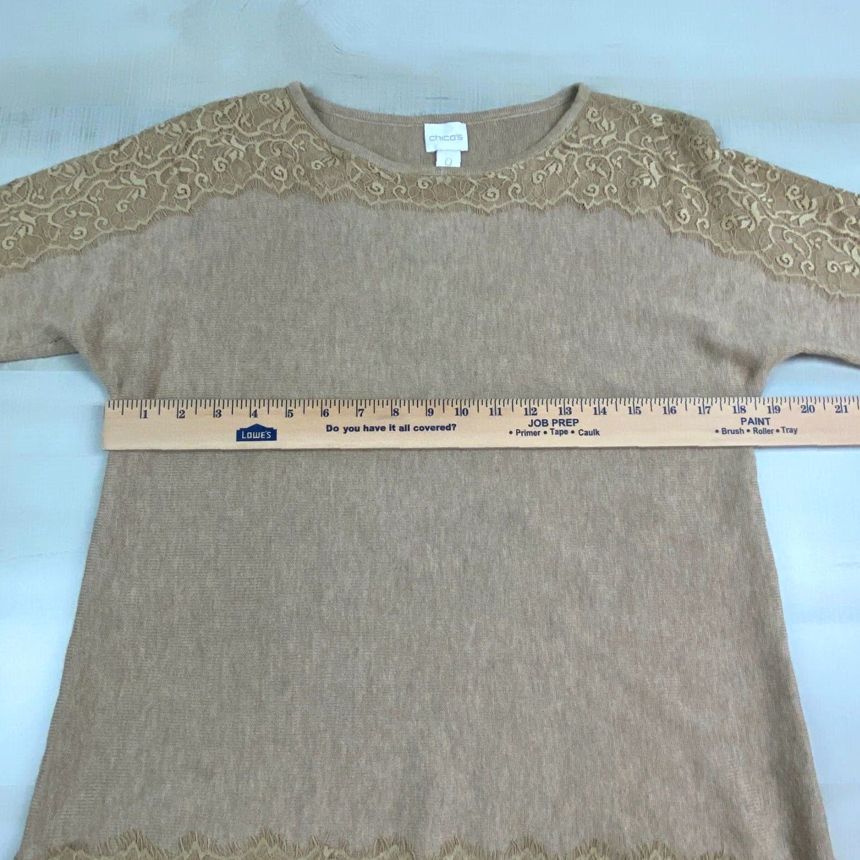 Vintage Chico's Womens Tan Sweater Pullover Lace Edges 3/4 Sleeves Size 0 Beige Ladies Size S / US 4 / IT 40 - 7 Thumbnail