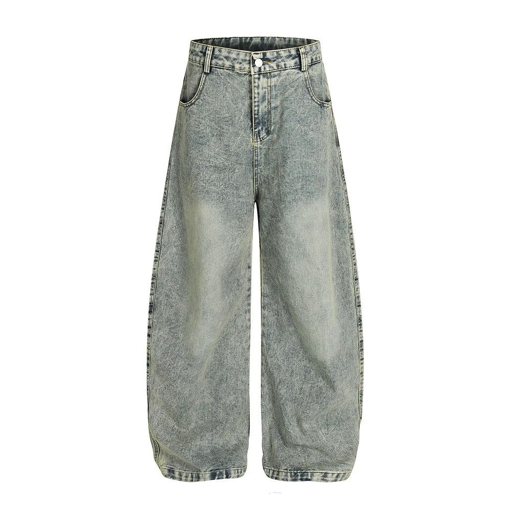 Men's distressed washed plaid patchwork scimitar jeans