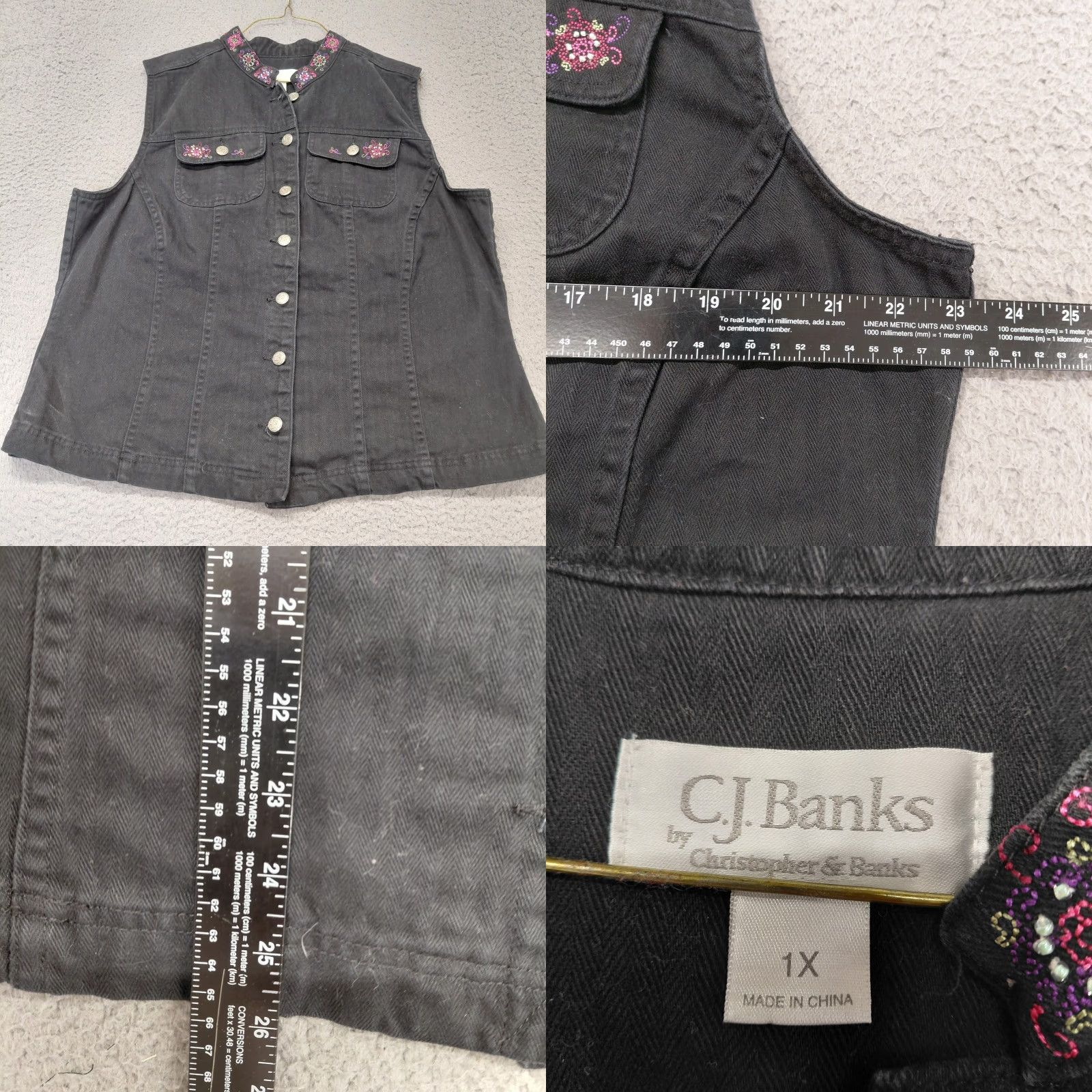 Vintage C.J. Banks Jean Vest Womens Size 1X Black Denim Embroidered Beaded Floral Design Shirt Vest Women Plus Size 1X Floral Size 40" / US 18 - 9 Thumbnail