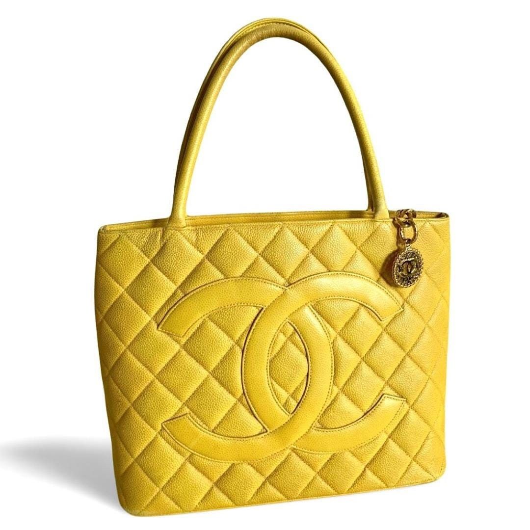 Vintage Chanel Yellow Caviarskin Classic Tote Bag, Medaillon, Women's