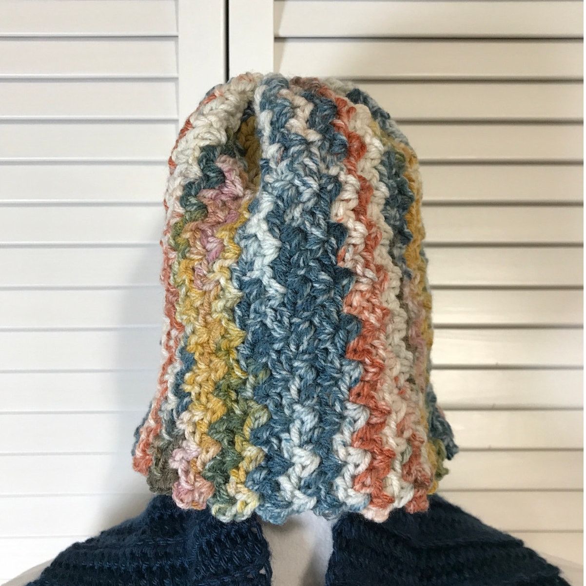 Handmade NWT Handmade Crocheted Navy Multicolor Beanie & Scarf 57” Size ONE SIZE - 2 Thumbnail