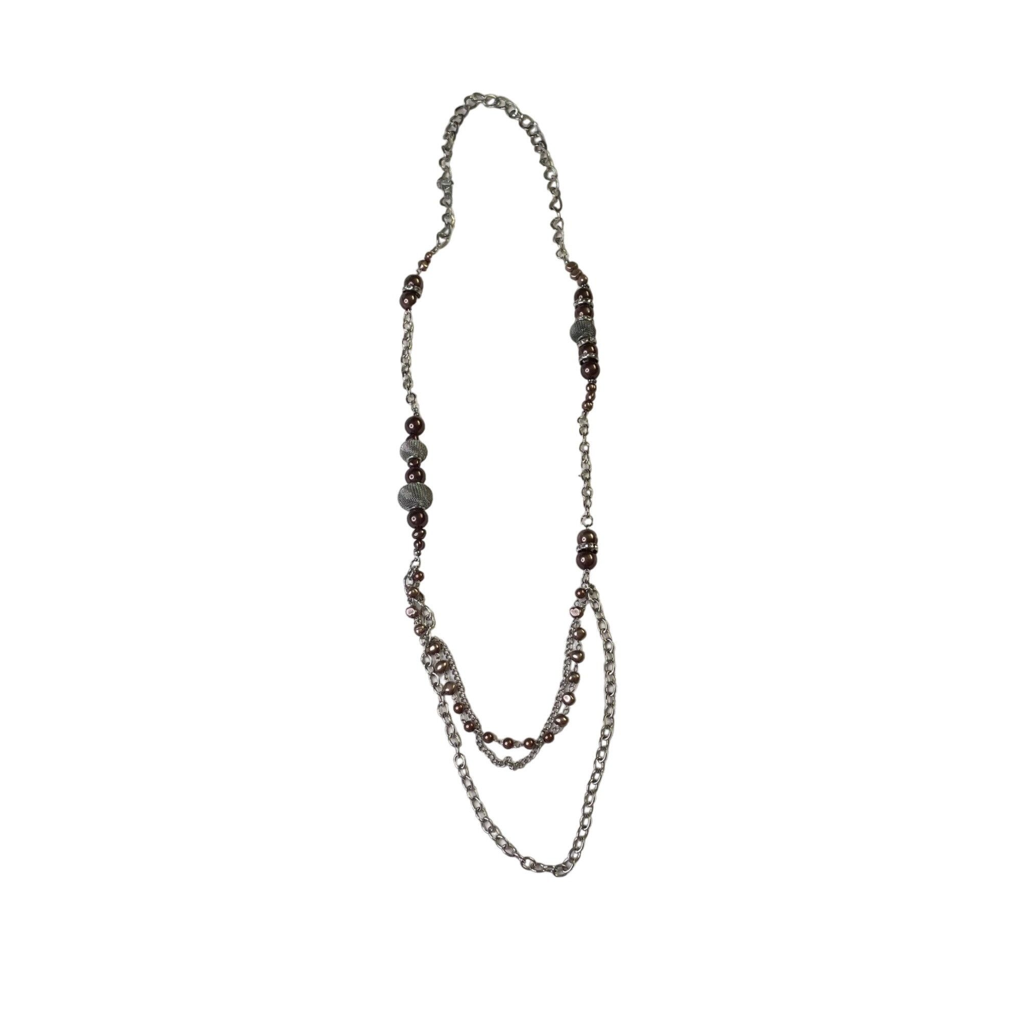 Other Long Silver Tone Chain Necklace Brown Beads Mesh Accents Fas Size ONE SIZE - 5 Thumbnail