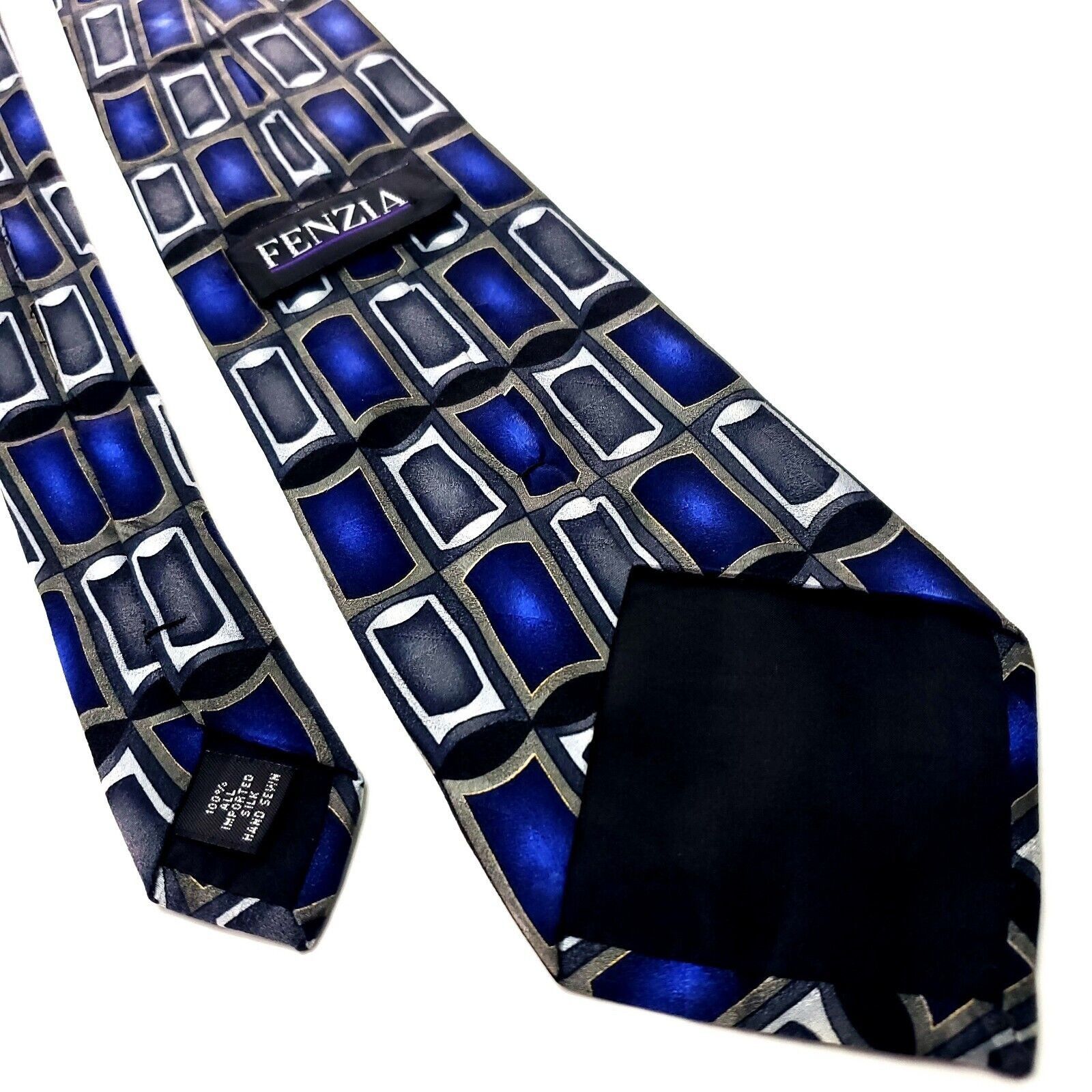 Vintage Fenzia Silk Tie Print Blue Geometric Short Size ONE SIZE - 3 Thumbnail