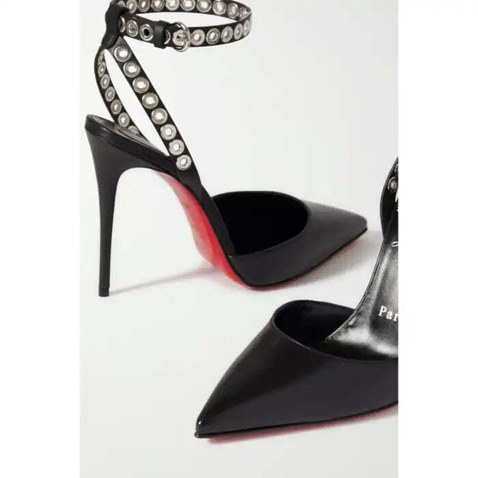 Christian Louboutin Pumpaclou 100 Black Leather Ankle Strap Stud Heel Pump 38.5 Size US 8.5 / IT 38.5 - 5 Thumbnail