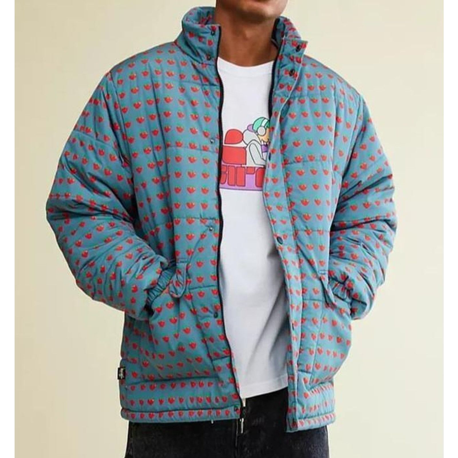 Misfit Shapes MSFT Strawberry Print MWT Puffer Jacket $180
