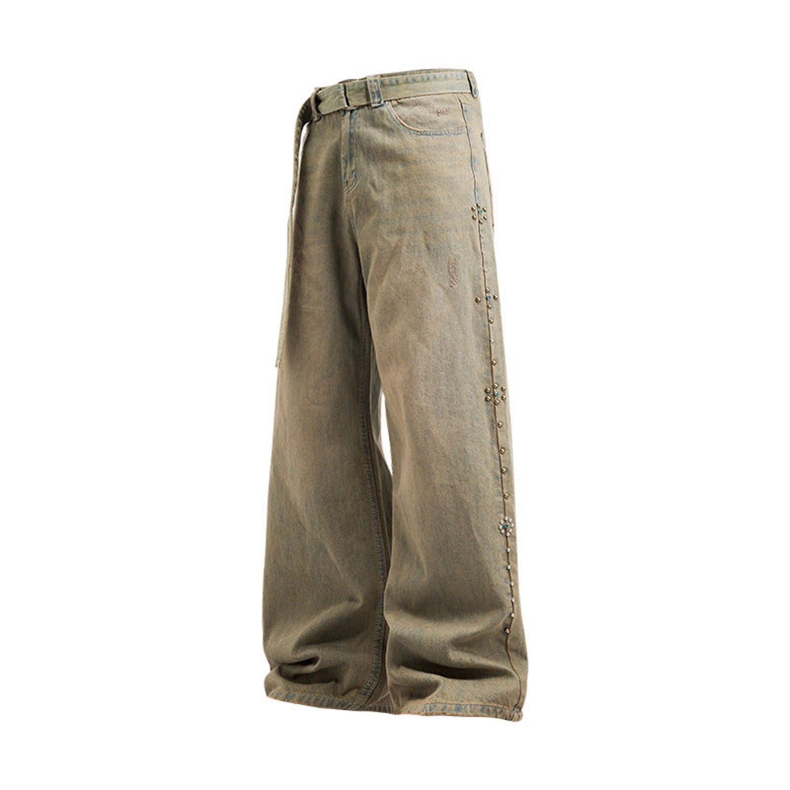 Japanese Brand Beige Wide Leg Denim Jeans with Studded Side Details Size US 32 / EU 48 - 3 Thumbnail