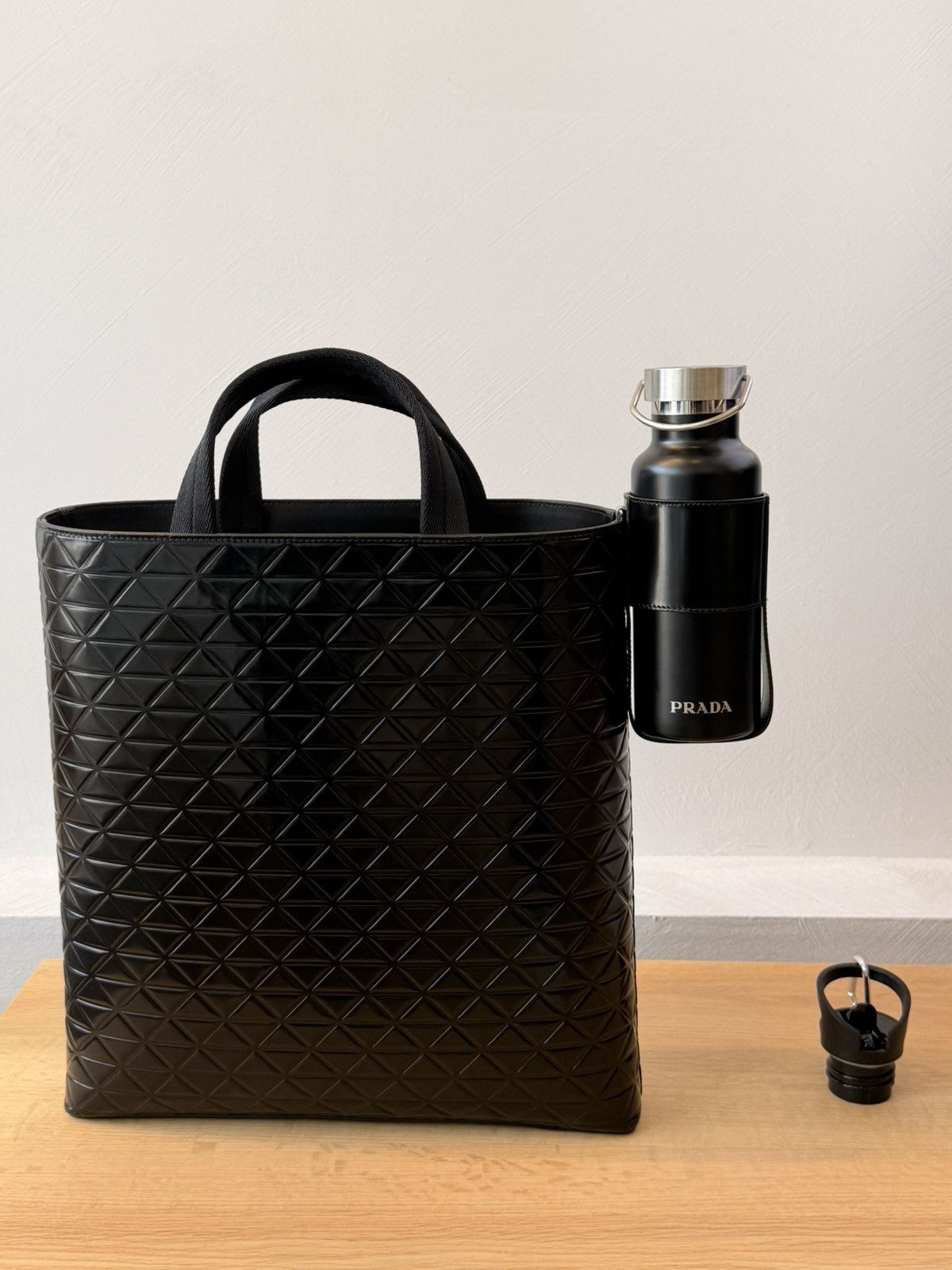 Prada PRADA Tote Bag Water Bottle Leather Black Triangle Pattern Size ONE SIZE - 7 Thumbnail