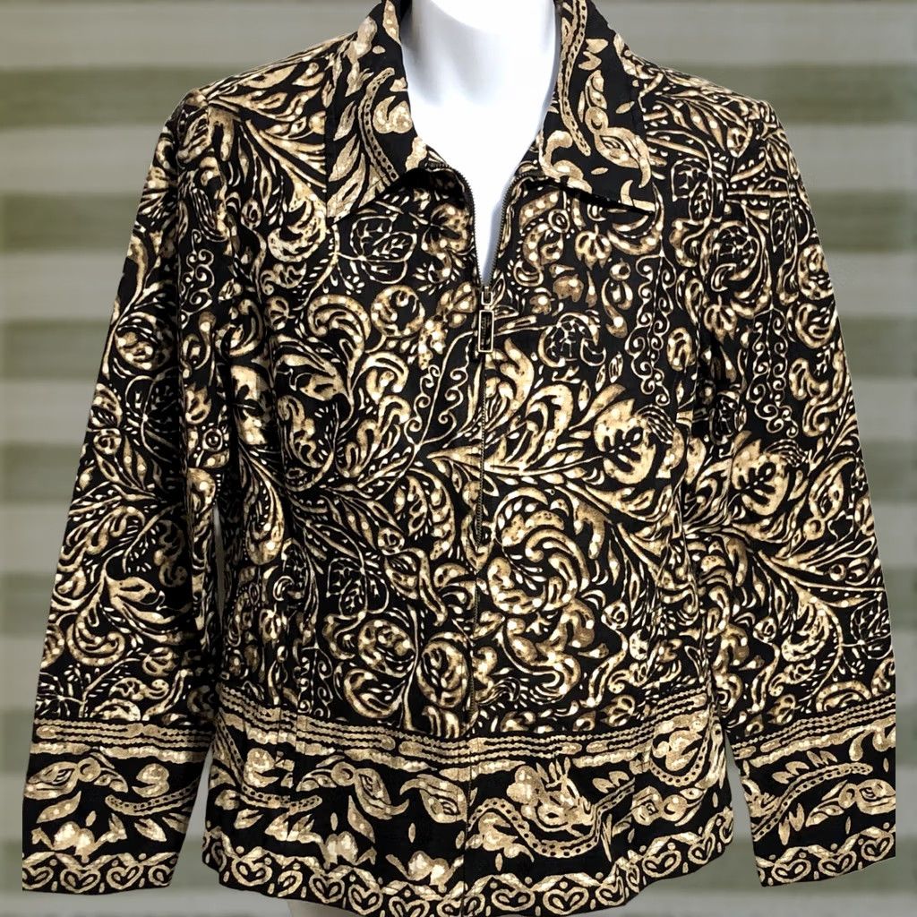 Vintage RQT Linen Jacket Size 10 Blk Gold Geo Zipper Front Long Sleeve Lined Collar Womens Jacket Geometric Boho Casual Travel Workwear Size L / US 10 / IT 46 - 1 Thumbnail
