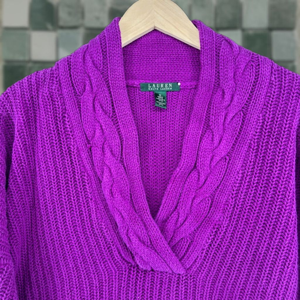 LAUREN RALPH LAUREN Sweater Women 1X Plus Cable Knit V-Neck Cotton Purple Adult Plus Size Pullover Dolman Sleeve Pilling Indicating Purple Womens