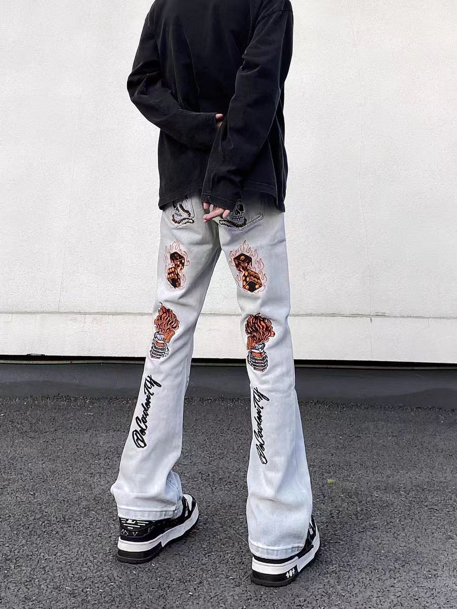 Designer × Jean × Vintage Street Hip Hop Flame Skull Embroidered Jeans Size US 34 / EU 50 - 2 Thumbnail